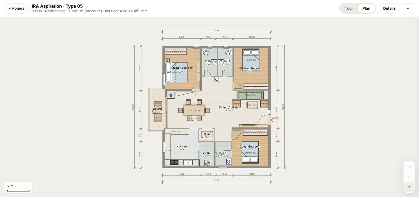 Dimensioned 2D plan of a 3 BHK flat with furniture and room areas