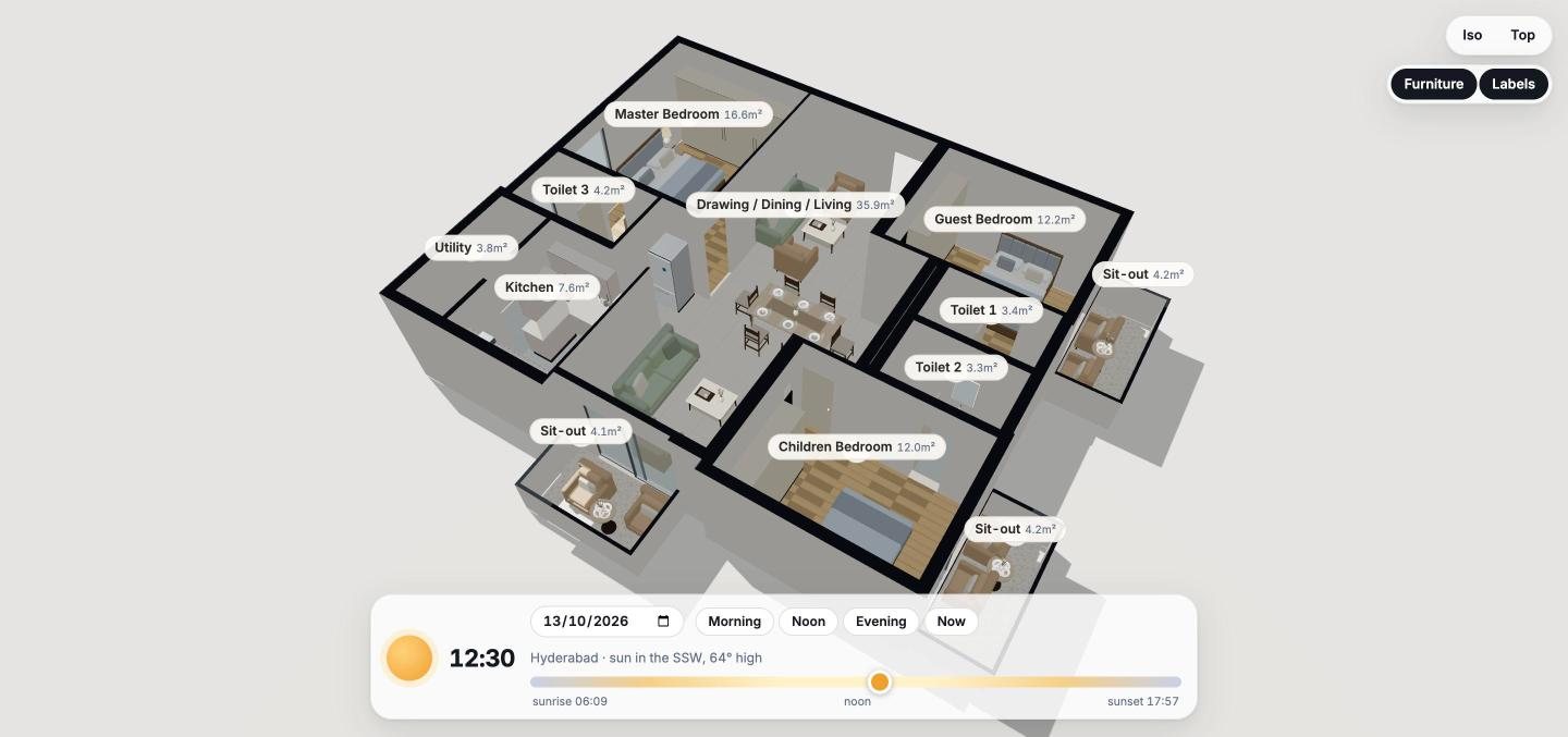 3D view of a 3 BHK flat from above, with room labels and a sun time scrubber