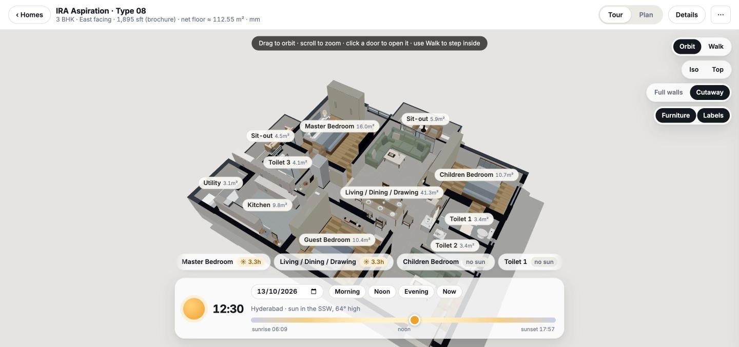 Cutaway 3D view of a 3 BHK flat with furniture and room labels