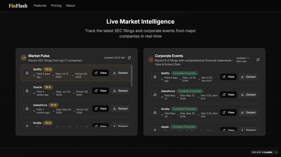 FinFlash landing page